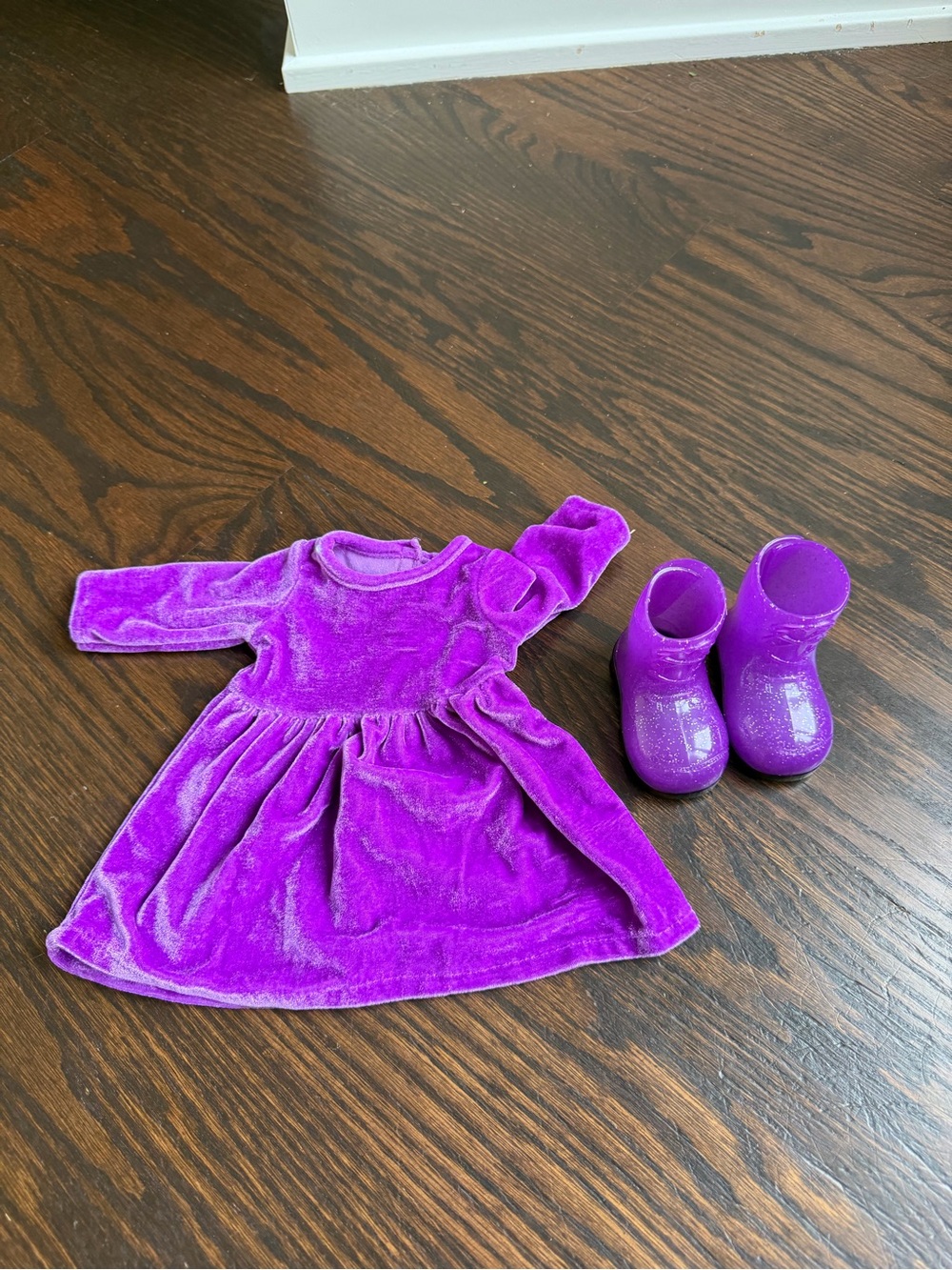 Funrise purple velvet long-sleeve 18” doll dress with matching glittery boots